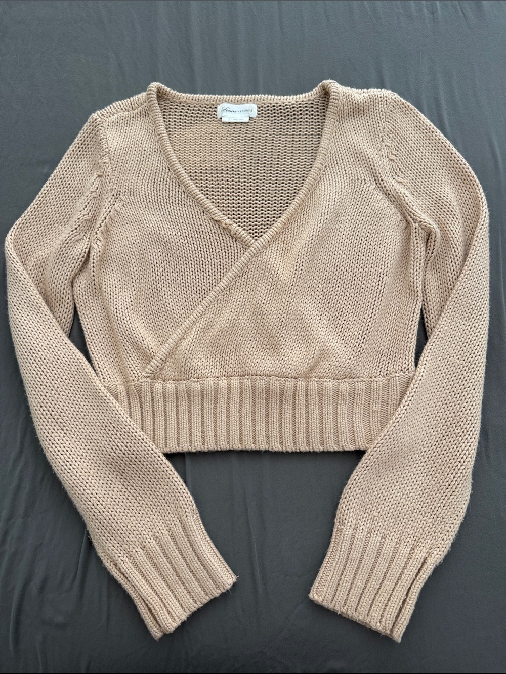 Lovers + Friends Beige V-Neck Wrap Crop Sweater